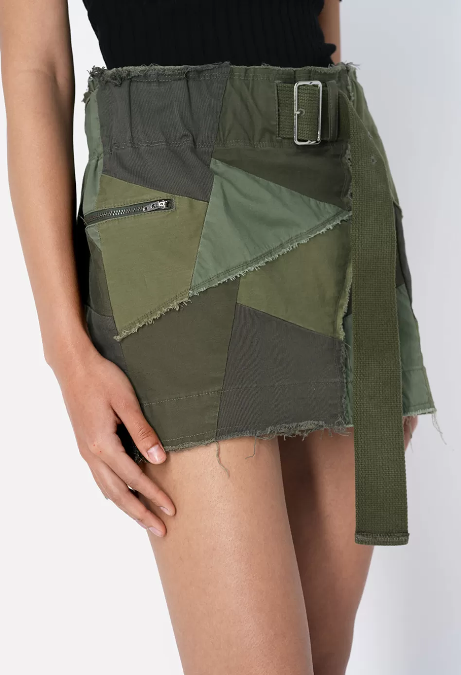 Hot JOHN ELLIOTT Belted Patchwork Skirt Olive