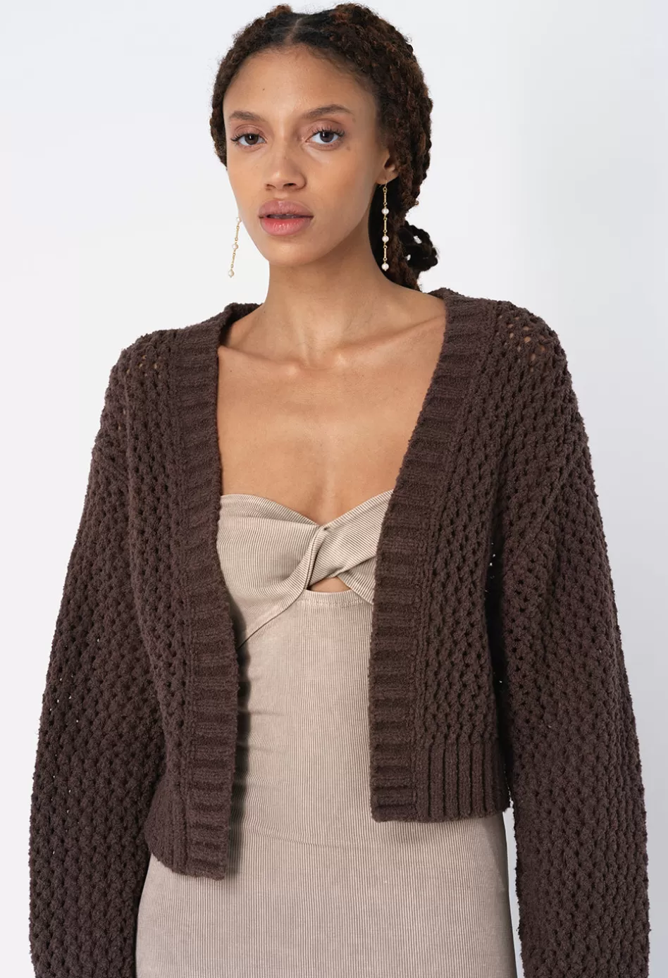 Discount JOHN ELLIOTT Foam Boucle Cropped Cardigan Chocolate