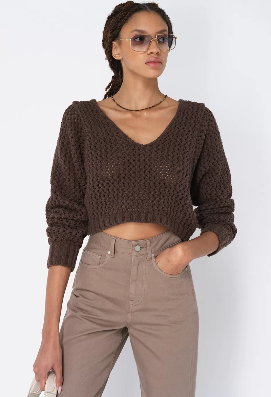 Hot JOHN ELLIOTT Foam Boucle Cropped Sweater Chocolate