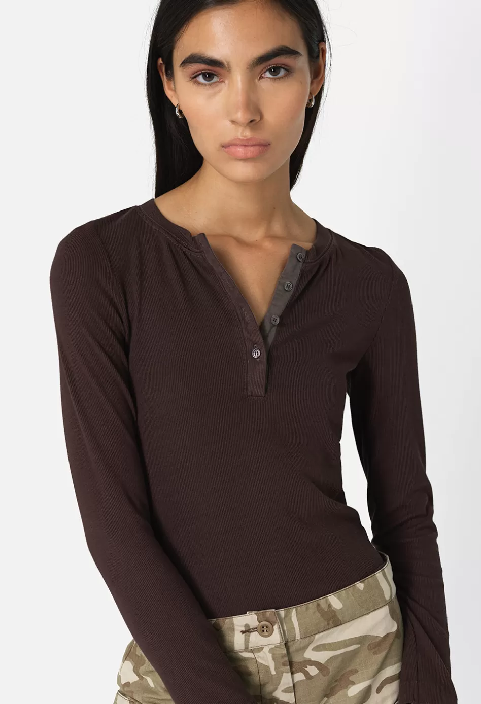 Outlet JOHN ELLIOTT Gemini Rib Henley ChocolateBrown