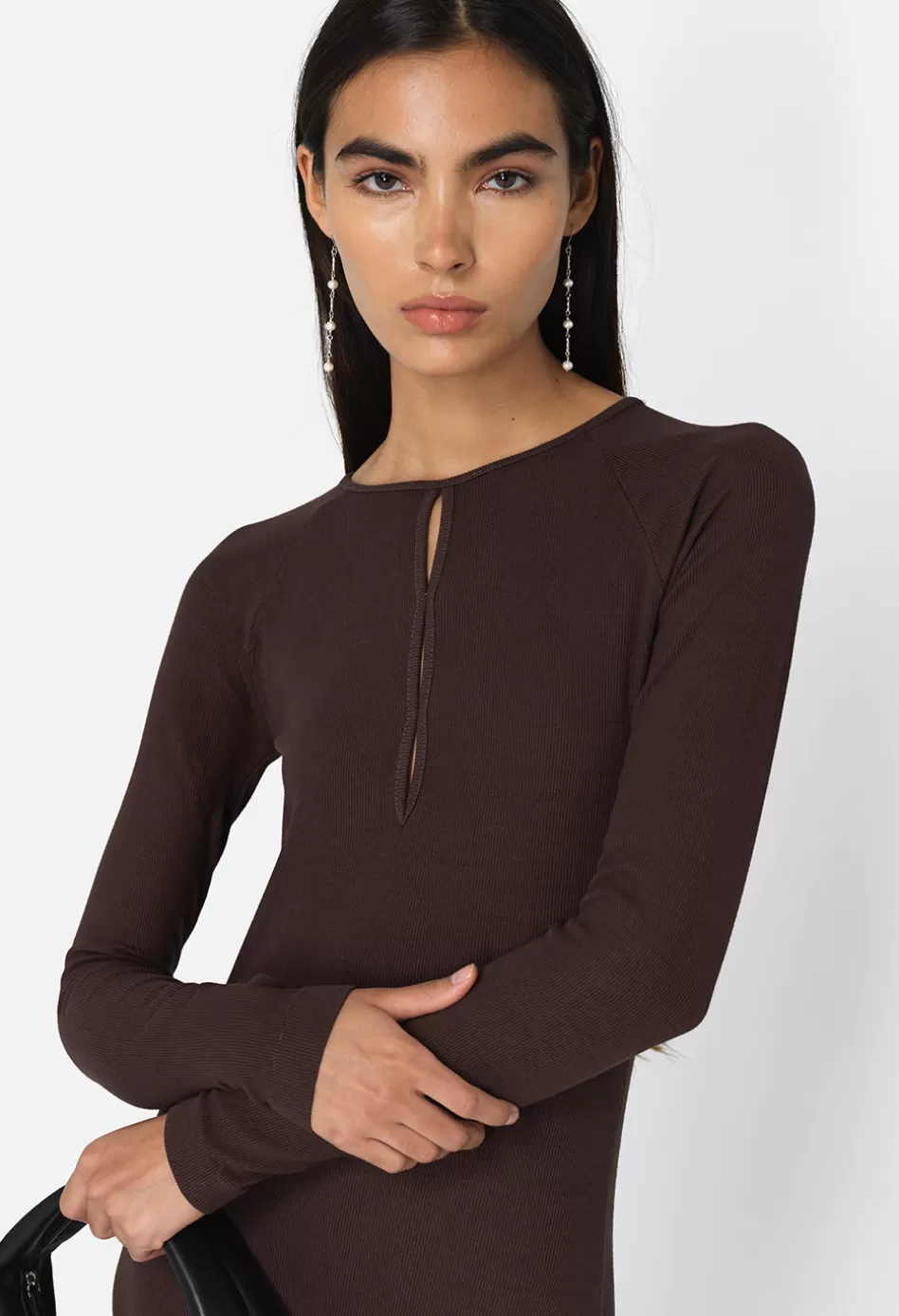 Discount JOHN ELLIOTT Gemini Rib Ls Keyhole Midi Dress ChocolateBrown