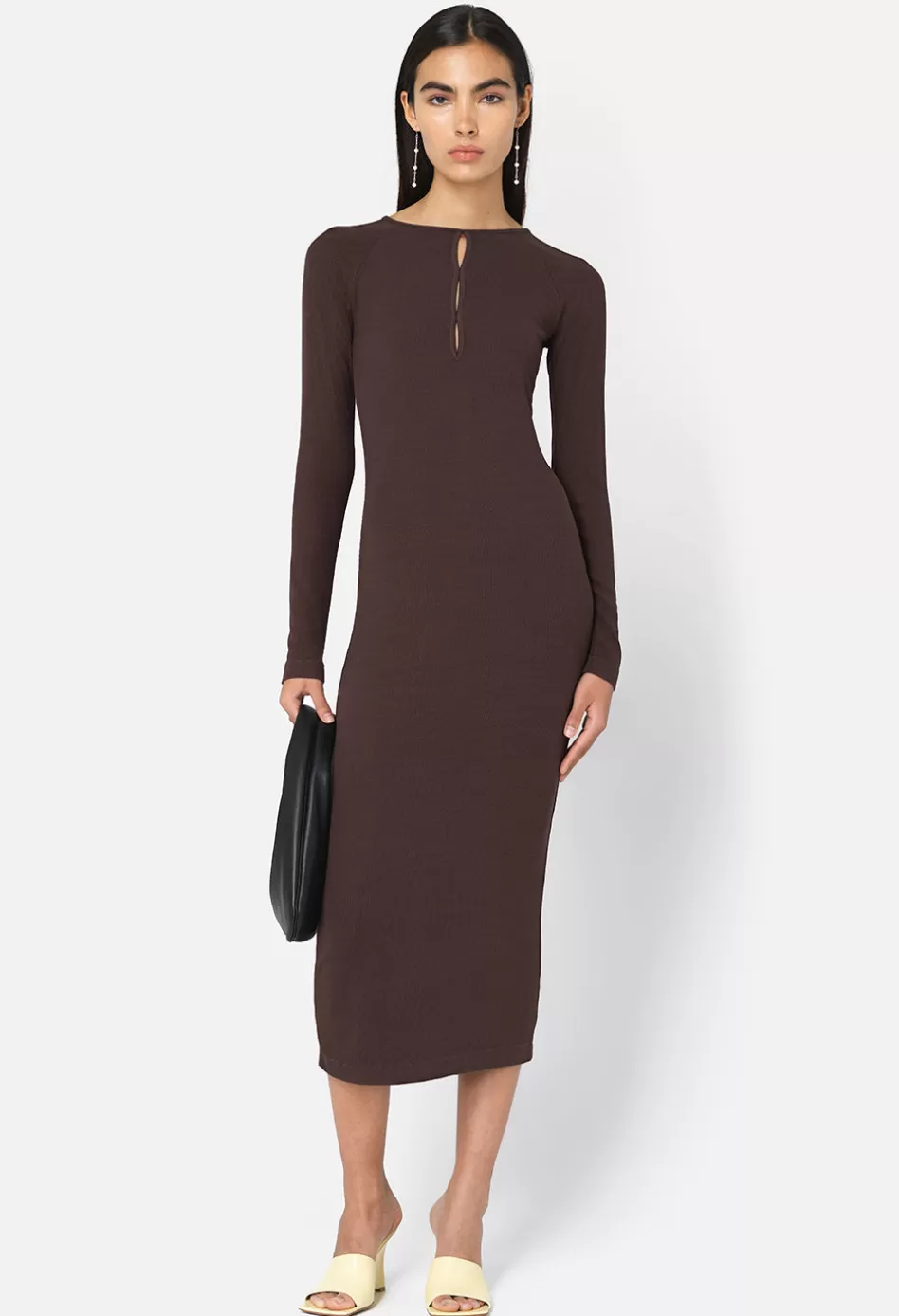 Discount JOHN ELLIOTT Gemini Rib Ls Keyhole Midi Dress ChocolateBrown