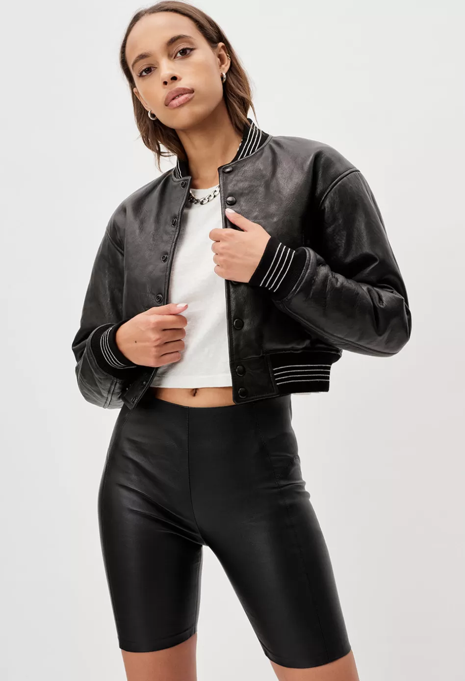 New JOHN ELLIOTT Leather Cropped Stadium Jacket Black