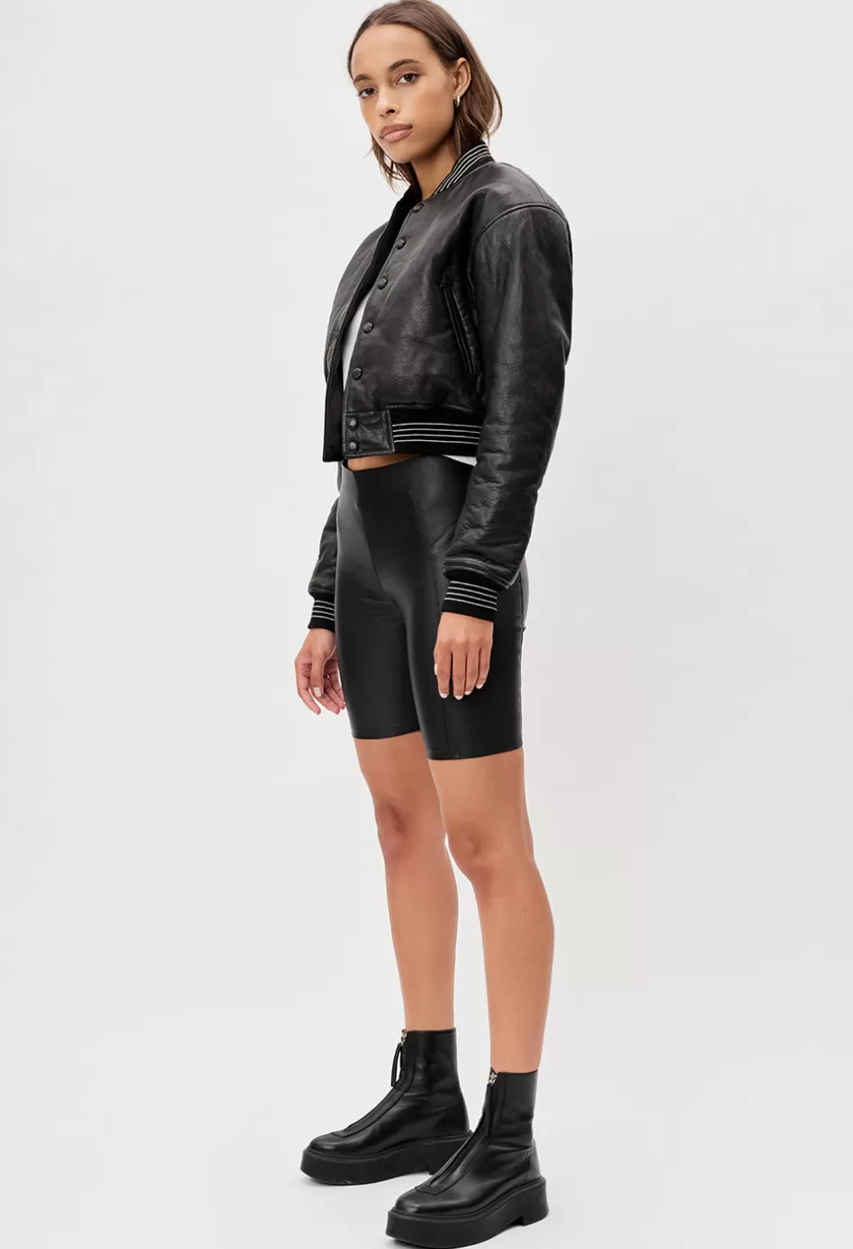 New JOHN ELLIOTT Leather Cropped Stadium Jacket Black