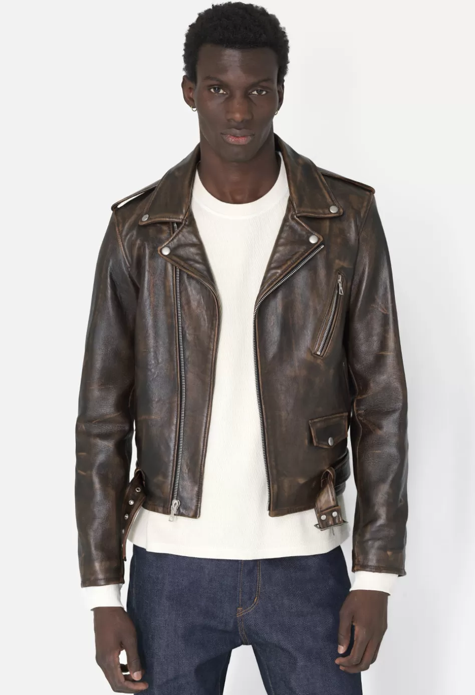 Cheap JOHN ELLIOTT Leather Moto Jacket Tobacco