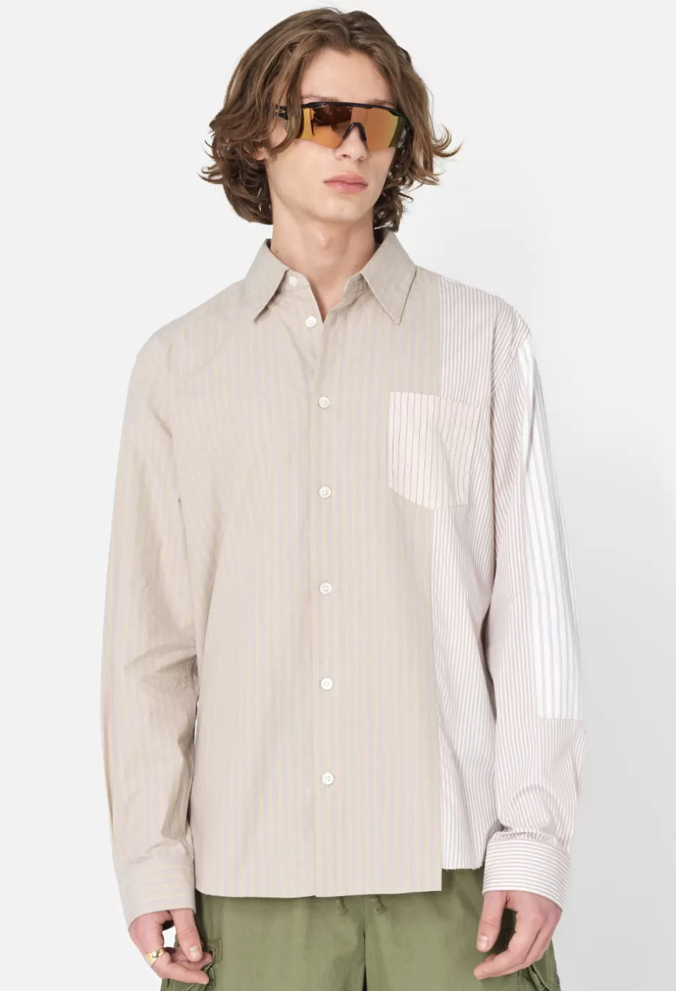 Cheap JOHN ELLIOTT Paneled Button Up BeigeXWhite