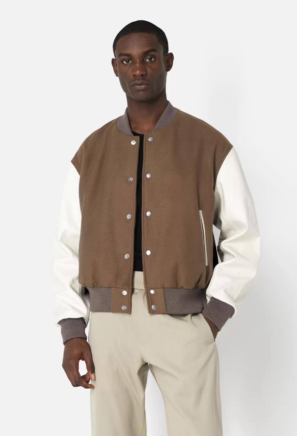 Shop JOHN ELLIOTT Varsity Jacket BarkXIvory